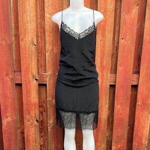 Lucy Paris Black Satin Lace Trim Cami Slip Dress Eyelash Trim Size XS